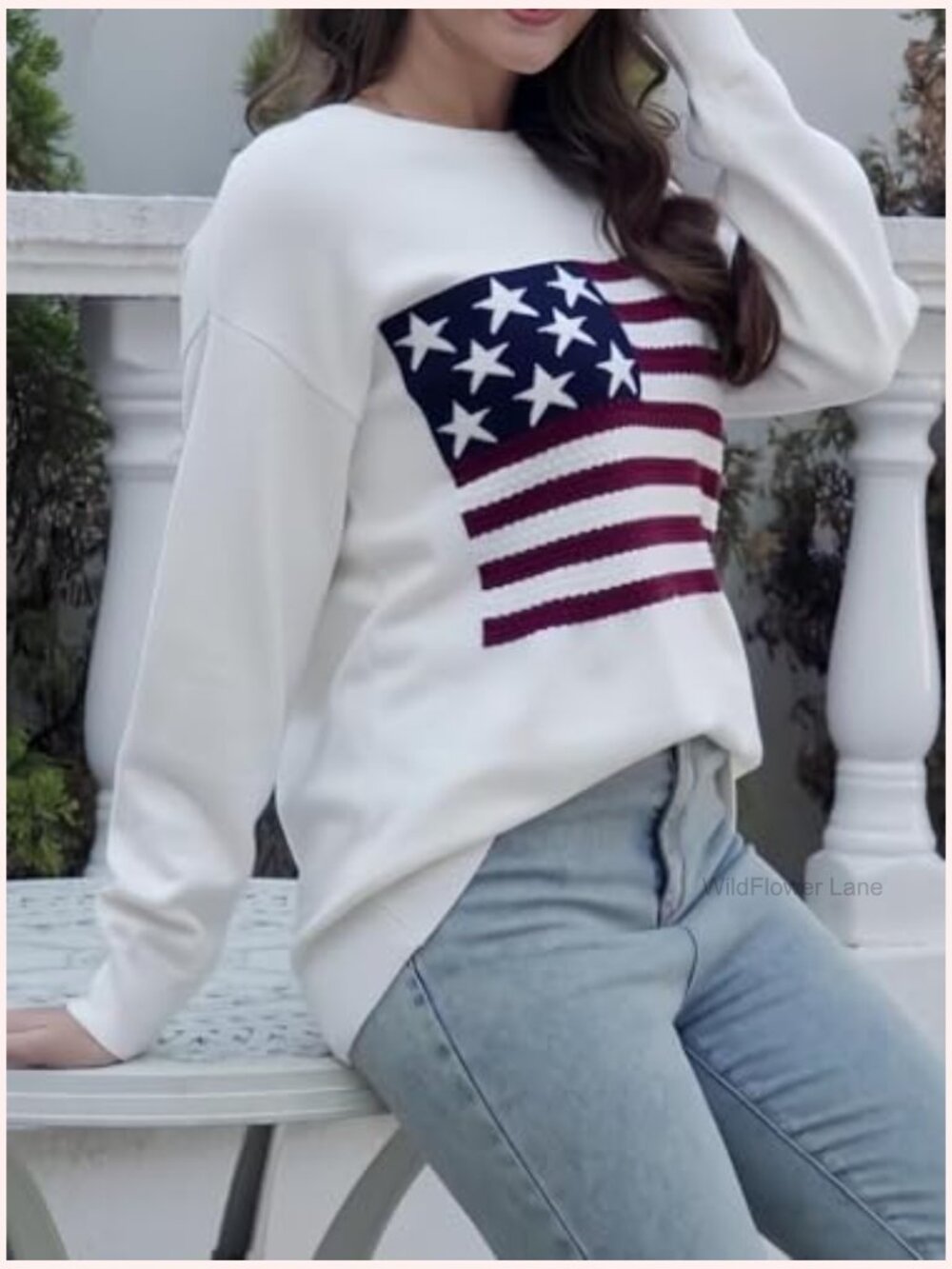 American Flag Knit Sweater Long Sleeve Crew Neck Pullover - Picture 3 of 7